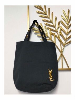 NEW YSL Yves Saint Laurent Tote Bag Black Gold Embroidery Logo
